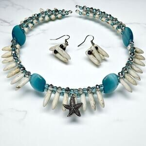 Silver Starfish Aquamarine Choker Necklace & Earrings Set Adj. Beaded Nautical